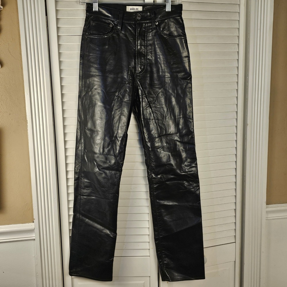 Agolde Womens Black Detox Recycled Leather Fitted 90's Pinch Waist Pants 24